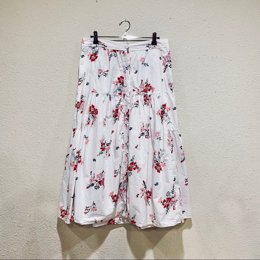 Rebecca Taylor White Midi Skirt with Red Floral Print